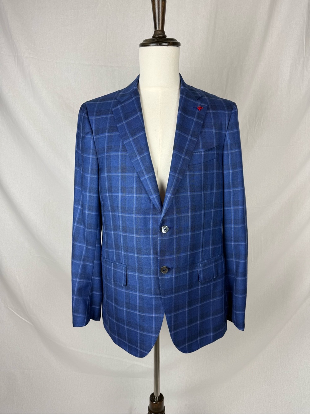 Isaia Napoli Blue Windowpane Sport Coat Blazer 54 EU / 44R
